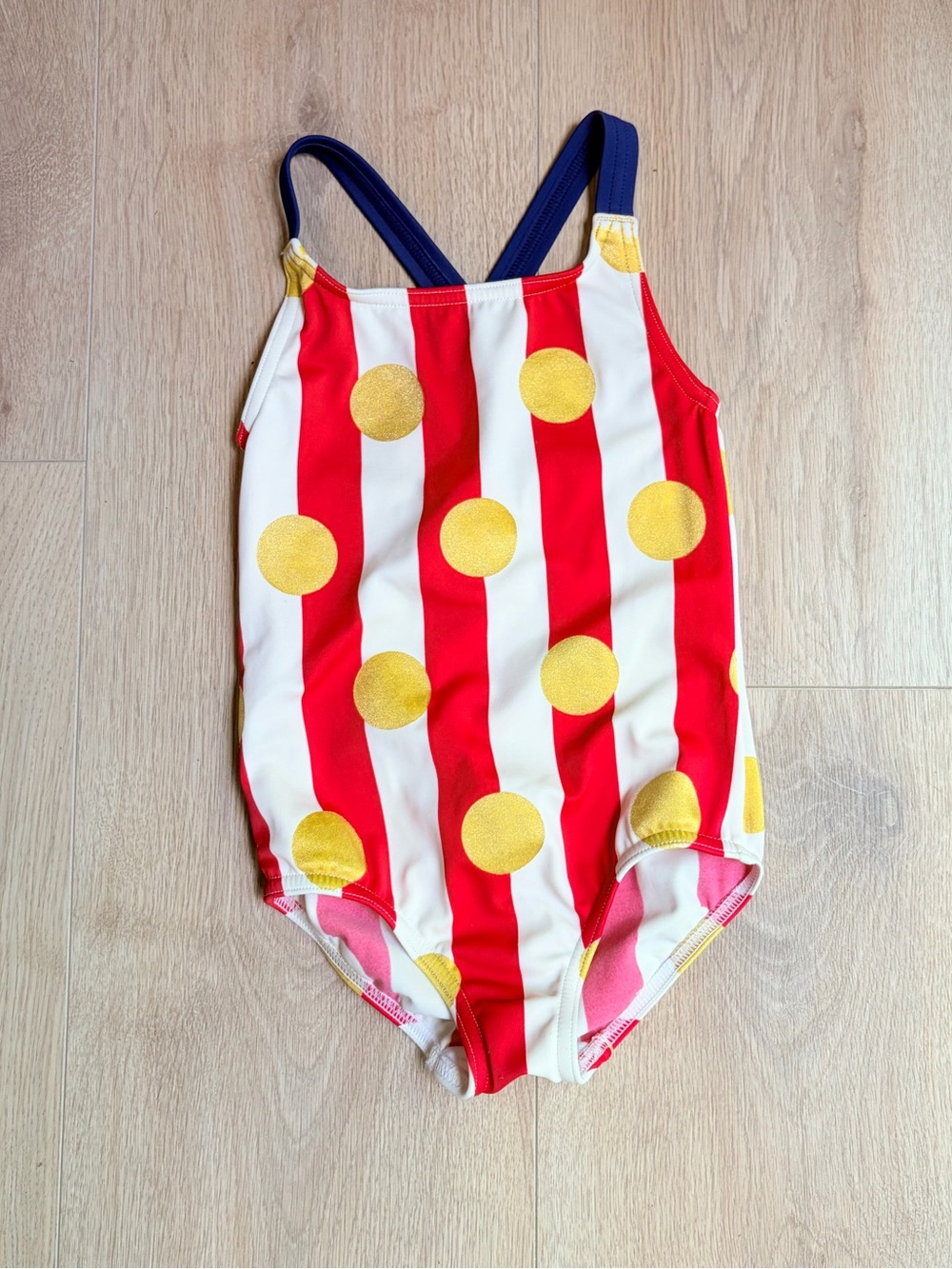Mini Boden Red & White Stripe Swimsuit with Yellow Polka Dots